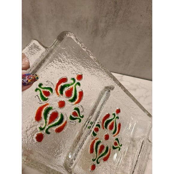 Alle Schönheit Walther Glass Serving Tray Clear Red/Green Floral WGermany Retro - Picture 8 of 8
